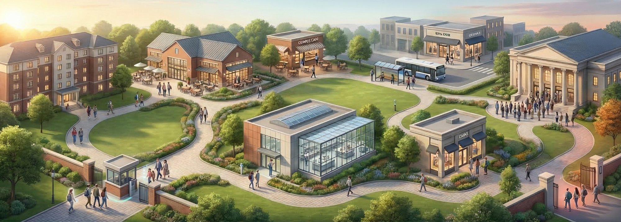 Illustrated university campus aerial view